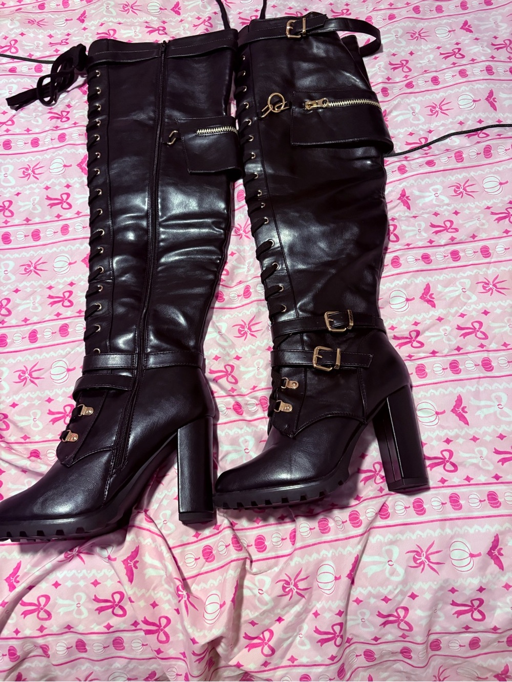 Women’s Black Lace-Up High Heel Knee Boots